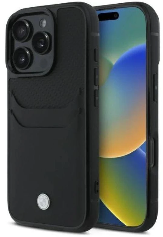 BMW BMHCP16X22RSEPK Apple iPhone 16 Pro Max 6.9″ juodos spalvos kietas dėklas Sign Leather Cardslot