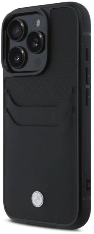 BMW BMHCP16X22RSEPK Apple iPhone 16 Pro Max 6.9″ juodos spalvos kietas dėklas Sign Leather Cardslot