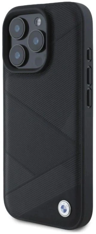 BMW BMHCP16X23RCGPK Apple iPhone 16 Pro Max 6.9″ juodos spalvos kietas dėklas Sign Leather Crossing Lines Patt