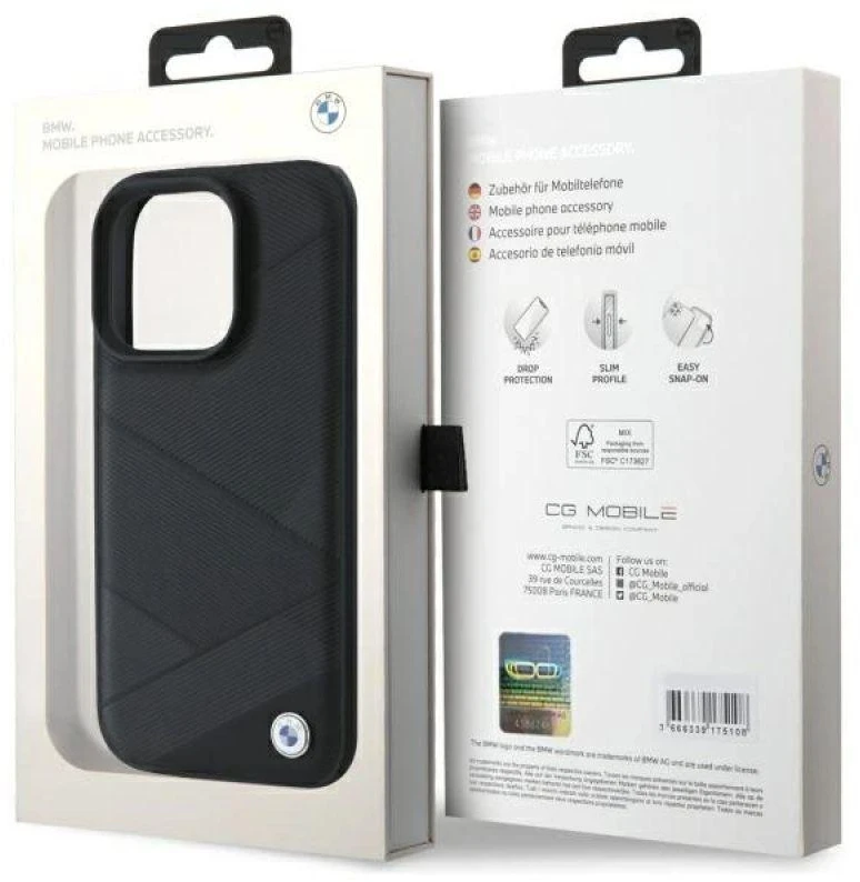 BMW BMHCP16X23RCGPK Apple iPhone 16 Pro Max 6.9″ juodos spalvos kietas dėklas Sign Leather Crossing Lines Patt