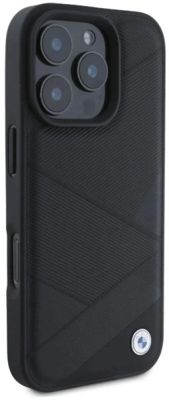 BMW BMHCP16X23RCGPK Apple iPhone 16 Pro Max 6.9″ juodos spalvos kietas dėklas Sign Leather Crossing Lines Patt