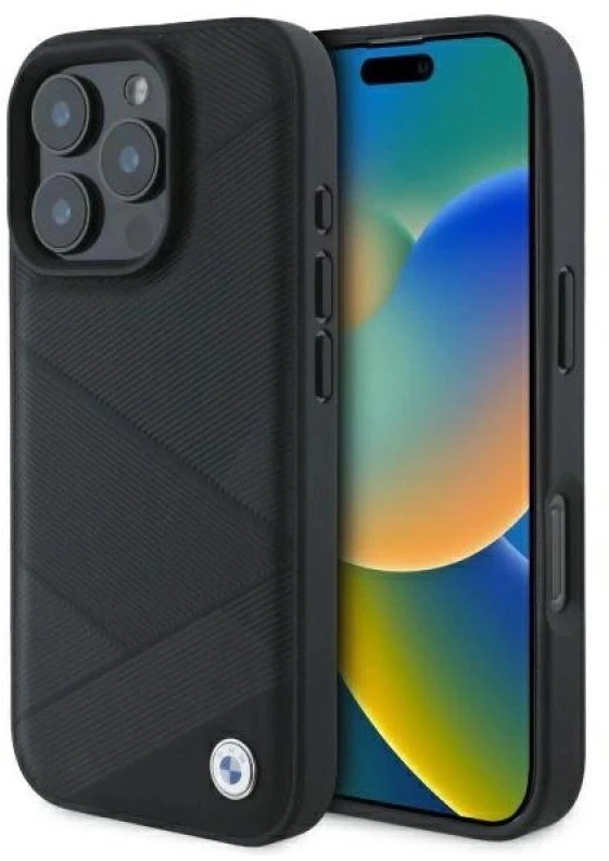 BMW BMHCP16X23RCGPK Apple iPhone 16 Pro Max 6.9″ juodos spalvos kietas dėklas Sign Leather Crossing Lines Patt