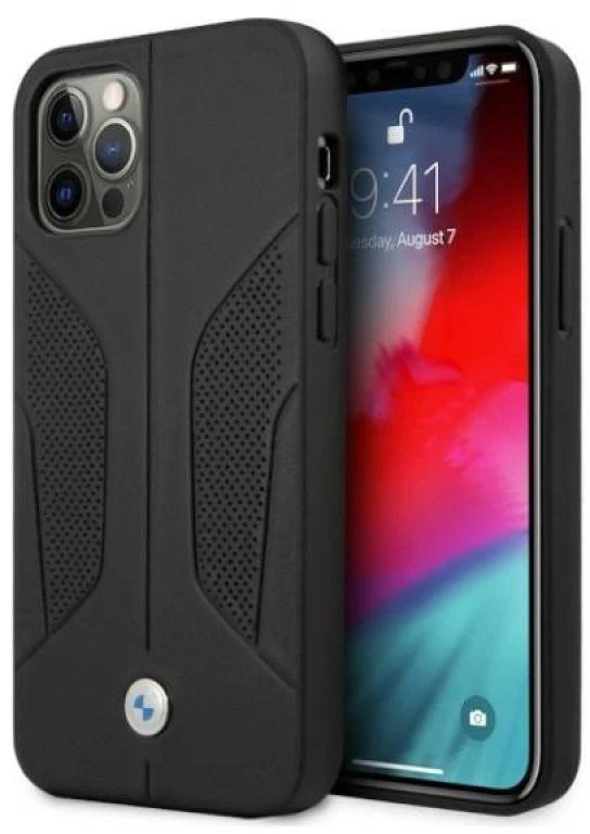 BMW BMHCP12MRSCSK Apple iPhone 12 / 12 Pro 6,1″ juodos spalvos kietas dėklas Leather Perforate Sides