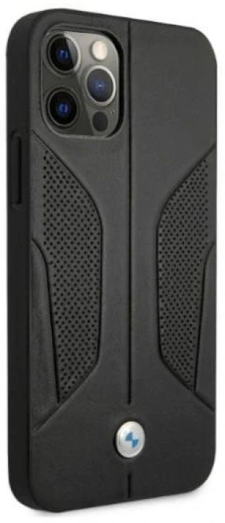 BMW BMHCP12MRSCSK Apple iPhone 12 / 12 Pro 6,1″ juodos spalvos kietas dėklas Leather Perforate Sides