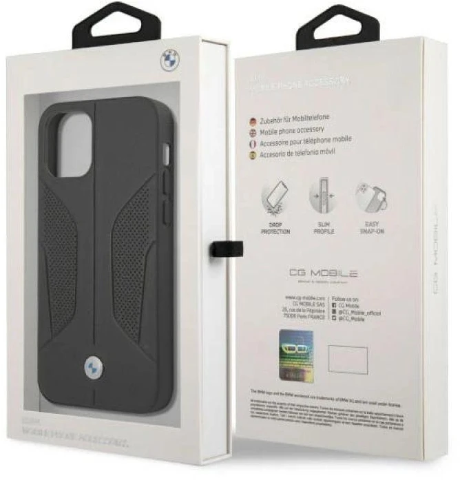 BMW BMHCP12MRSCSK Apple iPhone 12 / 12 Pro 6,1″ juodos spalvos kietas dėklas Leather Perforate Sides