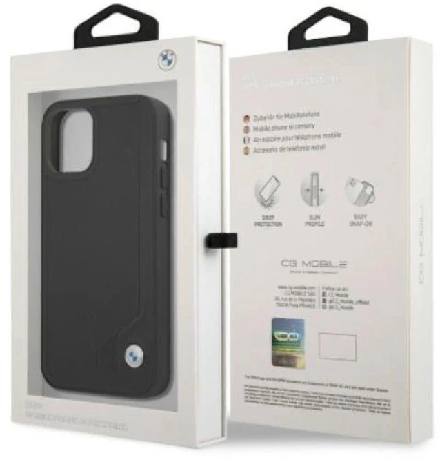 BMW BMHCP12LRCDPK Apple iPhone 12 Pro Max 6,7″ juodos spalvos kietas dėklas Leather Deboss
