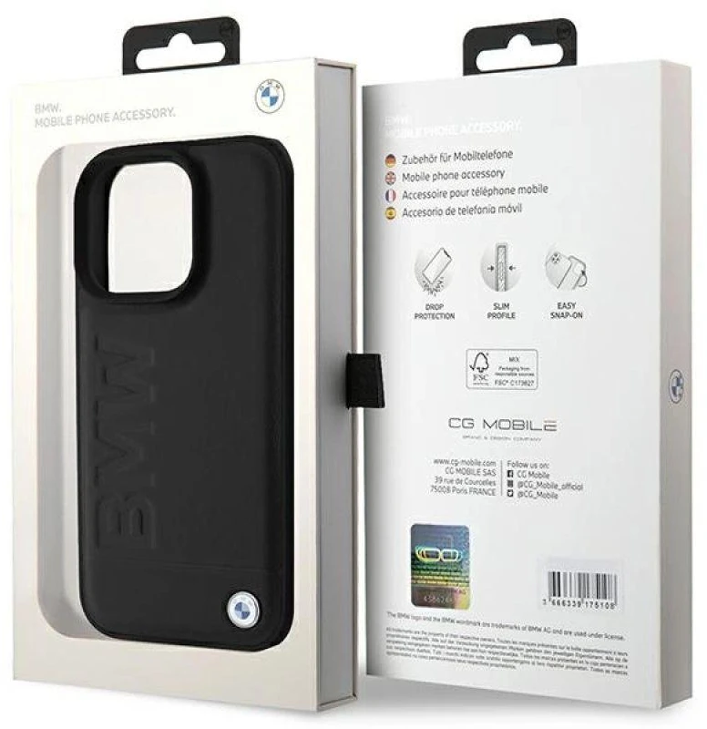 BMW BMHCP16LSLLBK Apple iPhone 16 Pro 6.3″ juodos spalvos kietas dėklas Leather Hot Stamp