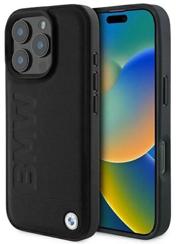BMW BMHCP16LSLLBK Apple iPhone 16 Pro 6.3″ juodos spalvos kietas dėklas Leather Hot Stamp
