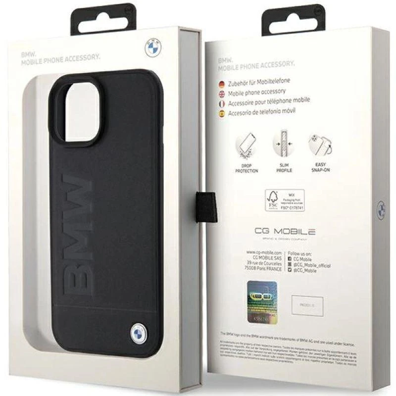 Dėklas BMW BMHCP15SSLLBK Apple iPhone 15 14 13 6.1″ juodos spalvos Leather Hot Stamp