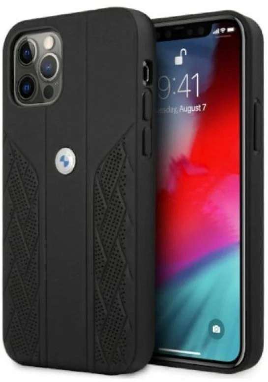 BMW BMHCP12MRSPPK Apple iPhone 12 / 12 Pro 6,1″ juodos spalvos kietas dėklas Leather Curve Perforate