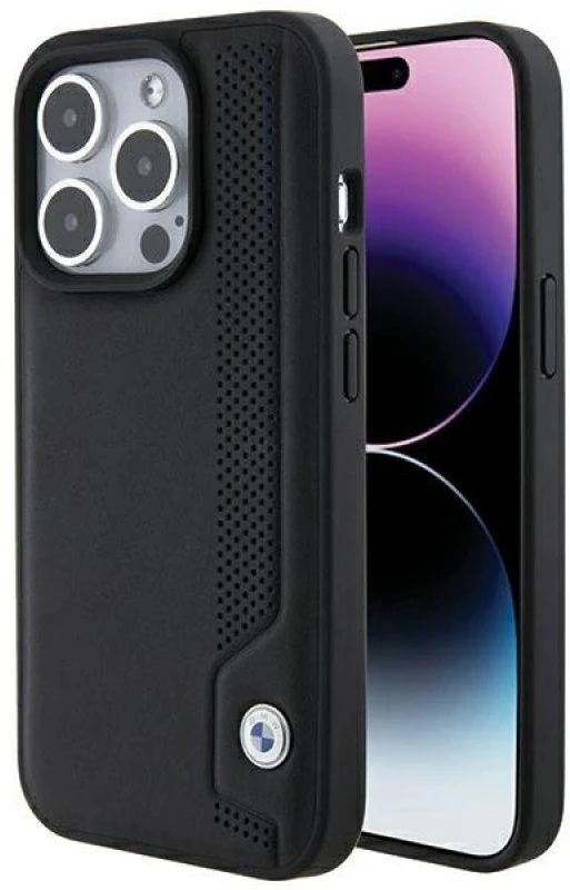 Dėklas BMW BMHCP15X22RBDK Apple iPhone 15 Pro Max 6.1″ juodos spalvos kietas dėklas Leather Mėlyna Dots