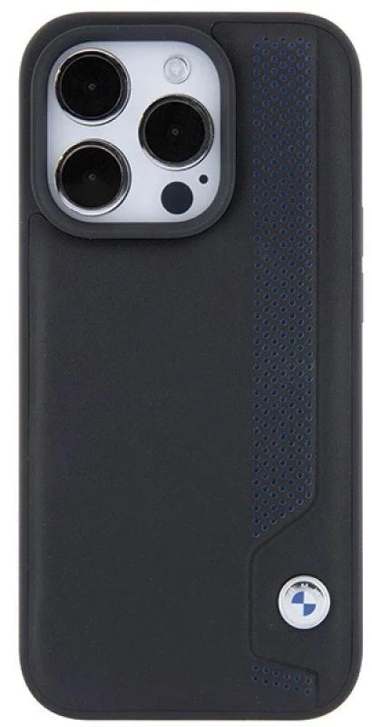 Dėklas BMW BMHCP15X22RBDK Apple iPhone 15 Pro Max 6.1″ juodos spalvos kietas dėklas Leather Mėlyna Dots