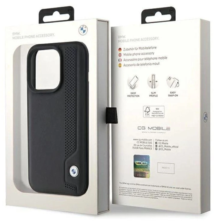 Dėklas BMW BMHCP15X22RBDK Apple iPhone 15 Pro Max 6.1″ juodos spalvos kietas dėklas Leather Mėlyna Dots