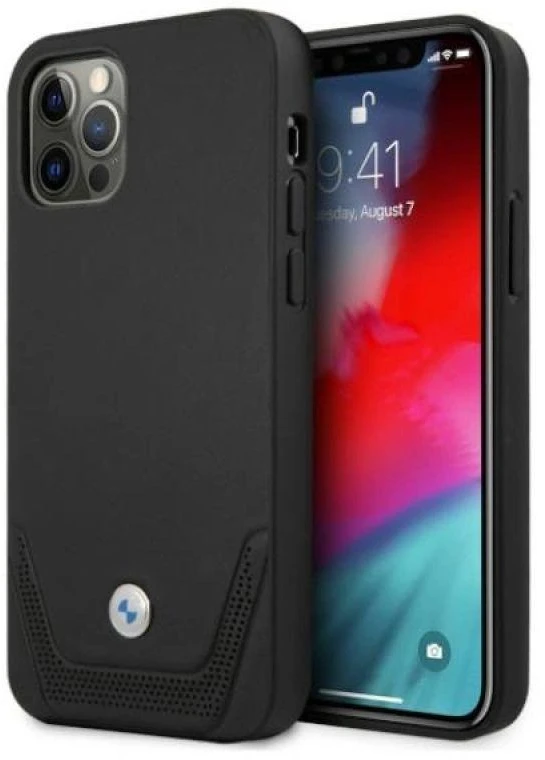 BMW BMHCP12MRSWPK iPhone 12 / 12 Pro 6,1″ juodos spalvos kietas dėklas Leather Perforate
