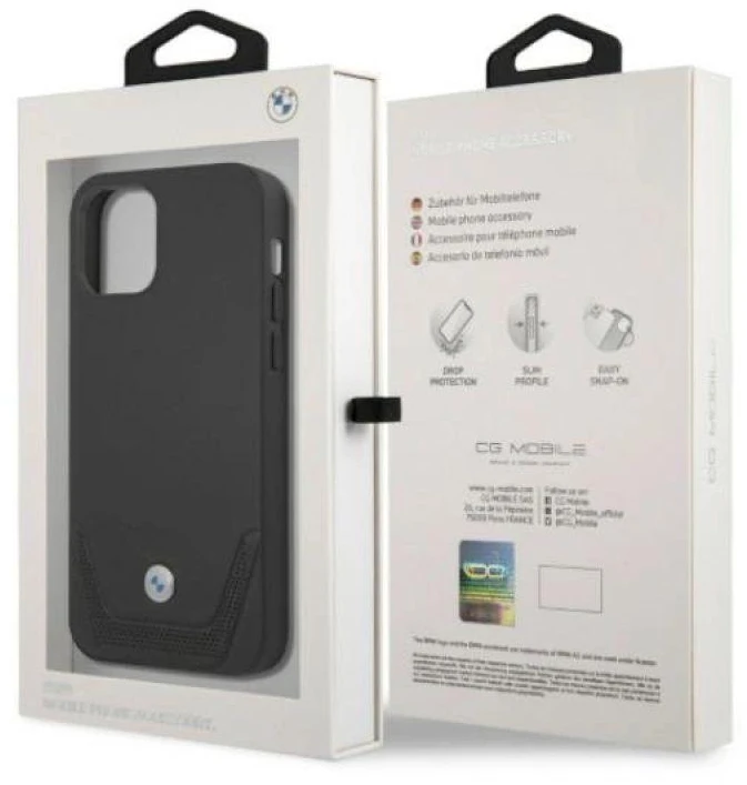 BMW BMHCP12MRSWPK iPhone 12 / 12 Pro 6,1″ juodos spalvos kietas dėklas Leather Perforate