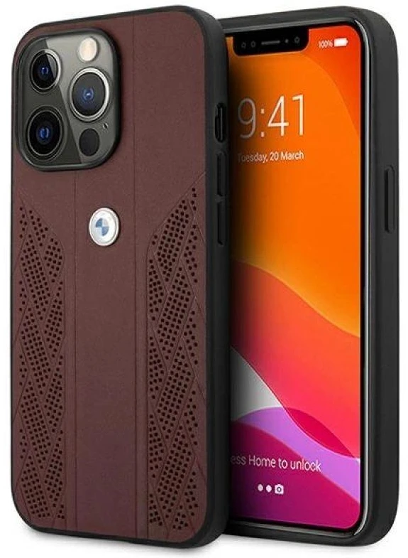 BMW BMHCP13LRSPPR Apple iPhone 13 Pro / 13 6,1″ red kietas dėklas Leather Curve Perforate