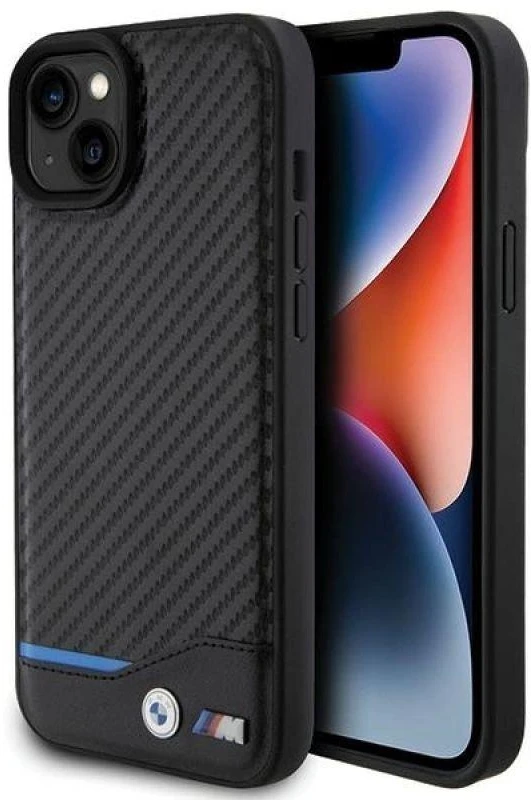 Dėklas BMW BMHCP15M22NBCK Apple iPhone 15 Plus / 14 Plus 6.7″ juodos spalvos Leather Carbon