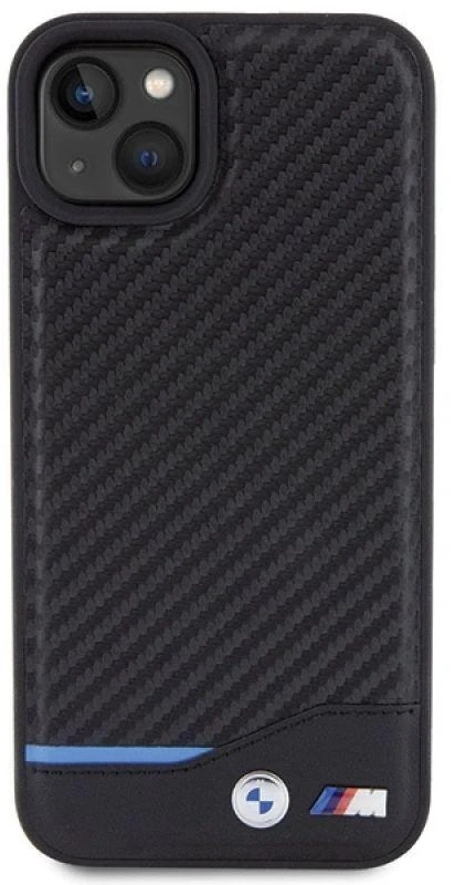 Dėklas BMW BMHCP15M22NBCK Apple iPhone 15 Plus / 14 Plus 6.7″ juodos spalvos Leather Carbon