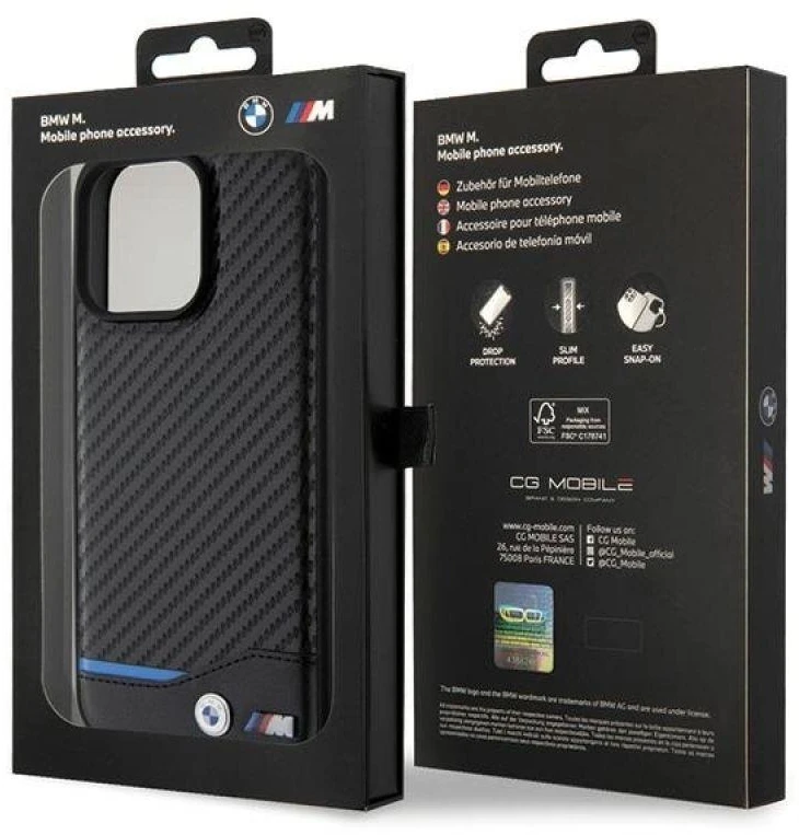 Dėklas BMW BMHCP15X22NBCK Apple iPhone 15 Pro Max 6.7″ juodos spalvos Leather Carbon