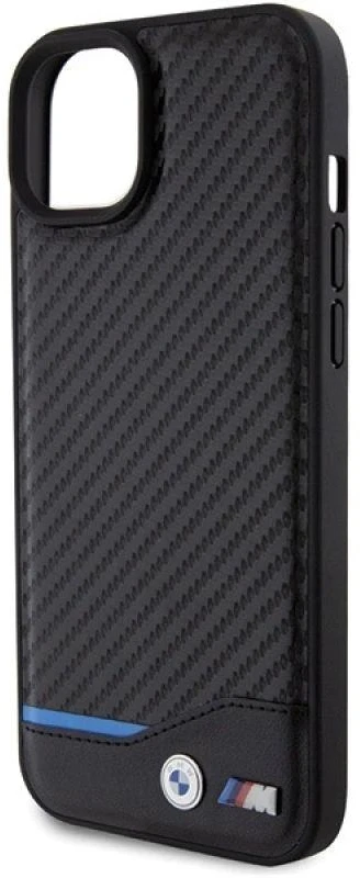 Dėklas BMW BMHCP15M22NBCK Apple iPhone 15 Plus / 14 Plus 6.7″ juodos spalvos Leather Carbon