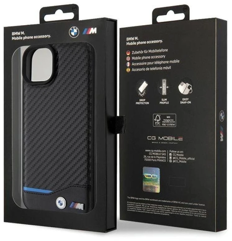Dėklas BMW BMHCP15M22NBCK Apple iPhone 15 Plus / 14 Plus 6.7″ juodos spalvos Leather Carbon