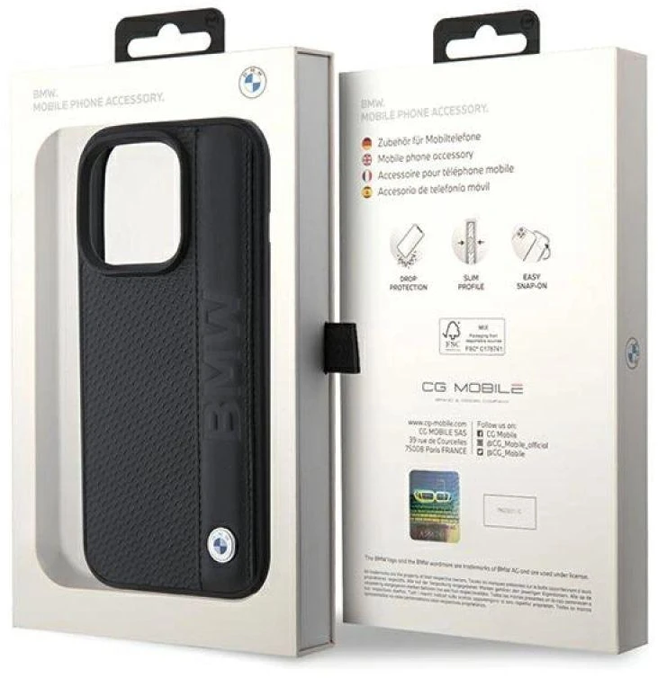Dėklas BMW BMHCP15X22RDPK Apple iPhone 15 Pro Max 6.7″ juodos spalvos kietas dėklas Leather Textured & Stripe