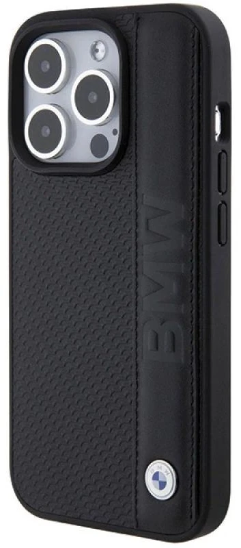Dėklas BMW BMHCP15X22RDPK Apple iPhone 15 Pro Max 6.7″ juodos spalvos kietas dėklas Leather Textured & Stripe
