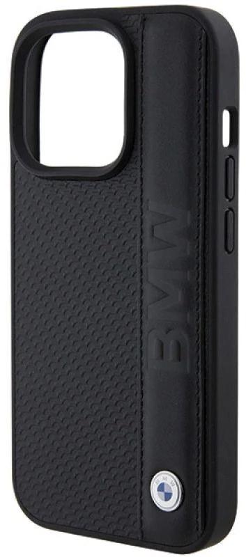 Dėklas BMW BMHCP15X22RDPK Apple iPhone 15 Pro Max 6.7″ juodos spalvos kietas dėklas Leather Textured & Stripe