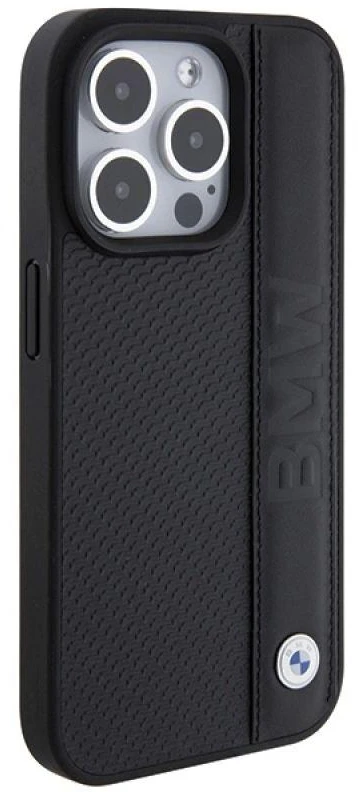 Dėklas BMW BMHCP15X22RDPK Apple iPhone 15 Pro Max 6.7″ juodos spalvos kietas dėklas Leather Textured & Stripe
