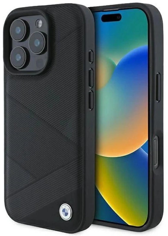 BMW BMHCP16L23RCGPK Apple iPhone 16 Pro 6.3″ juodos spalvos kietas dėklas Sign Leather Crossing Lines Pattern