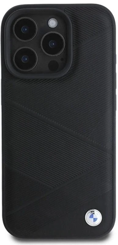 BMW BMHCP16L23RCGPK Apple iPhone 16 Pro 6.3″ juodos spalvos kietas dėklas Sign Leather Crossing Lines Pattern