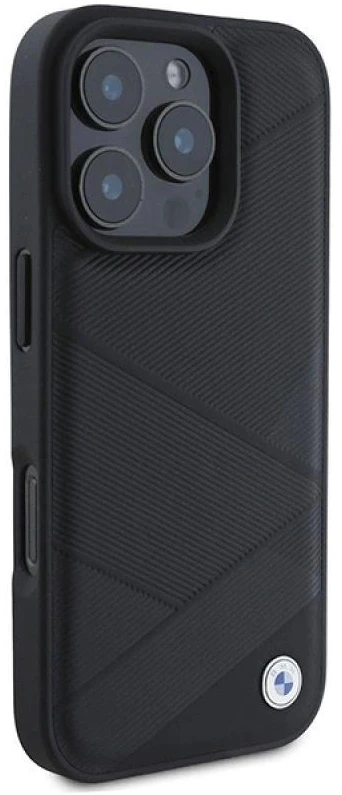 BMW BMHCP16L23RCGPK Apple iPhone 16 Pro 6.3″ juodos spalvos kietas dėklas Sign Leather Crossing Lines Pattern