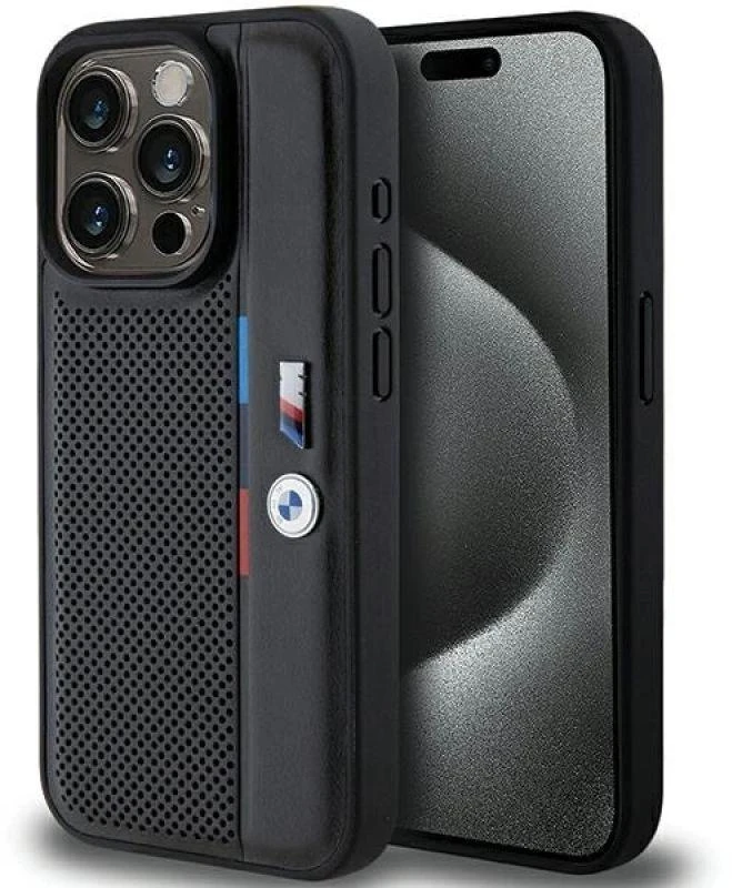 Dėklas BMW BMHCP15L23 PUPVK Apple iPhone 15 Pro 6.1″ juodos spalvos kietas dėklas Perforated Tricolor Line