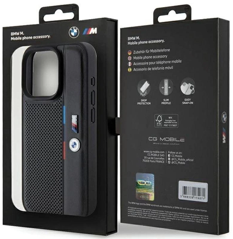 Dėklas BMW BMHCP15L23 PUPVK Apple iPhone 15 Pro 6.1″ juodos spalvos kietas dėklas Perforated Tricolor Line