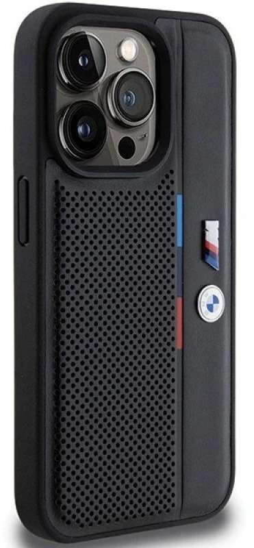 Dėklas BMW BMHCP15L23 PUPVK Apple iPhone 15 Pro 6.1″ juodos spalvos kietas dėklas Perforated Tricolor Line