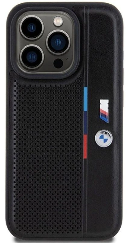 Dėklas BMW BMHCP15L23 PUPVK Apple iPhone 15 Pro 6.1″ juodos spalvos kietas dėklas Perforated Tricolor Line