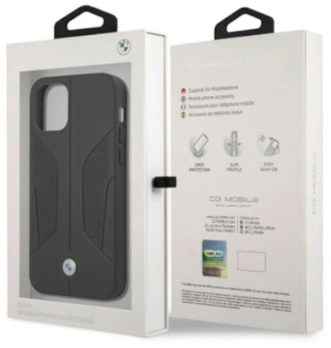 BMW BMHCP12LRSCSK Apple iPhone 12 Pro Max 6,7″ juodos spalvos kietas dėklas Leather Perforate Sides