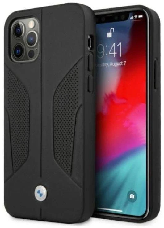 BMW BMHCP12LRSCSK Apple iPhone 12 Pro Max 6,7″ juodos spalvos kietas dėklas Leather Perforate Sides