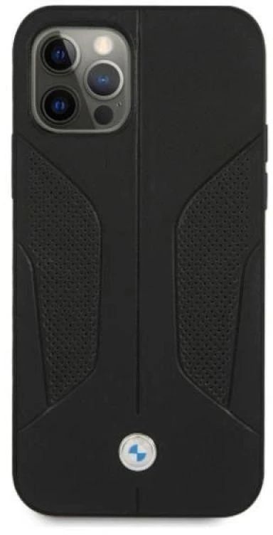 BMW BMHCP12LRSCSK Apple iPhone 12 Pro Max 6,7″ juodos spalvos kietas dėklas Leather Perforate Sides