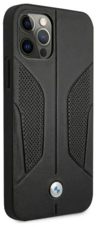 BMW BMHCP12LRSCSK Apple iPhone 12 Pro Max 6,7″ juodos spalvos kietas dėklas Leather Perforate Sides