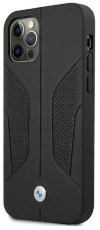 BMW BMHCP12LRSCSK Apple iPhone 12 Pro Max 6,7″ juodos spalvos kietas dėklas Leather Perforate Sides