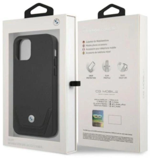 BMW BMHCP12LRSWPK Apple iPhone 12 Pro Max 6,7″ juodos spalvos kietas dėklas Leather Perforate