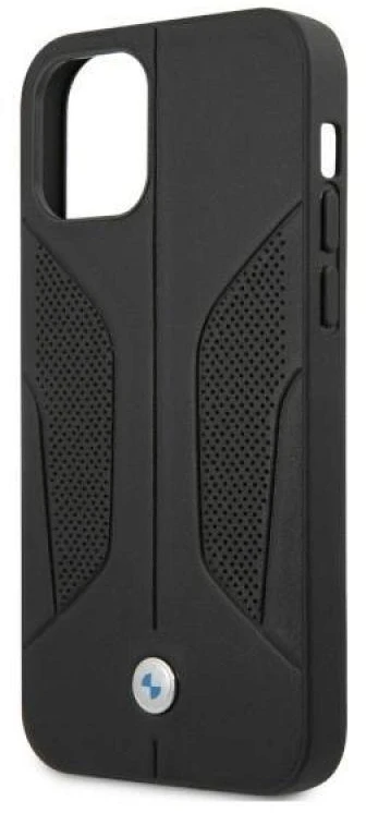 BMW BMHCP12LRSCSK Apple iPhone 12 Pro Max 6,7″ juodos spalvos kietas dėklas Leather Perforate Sides