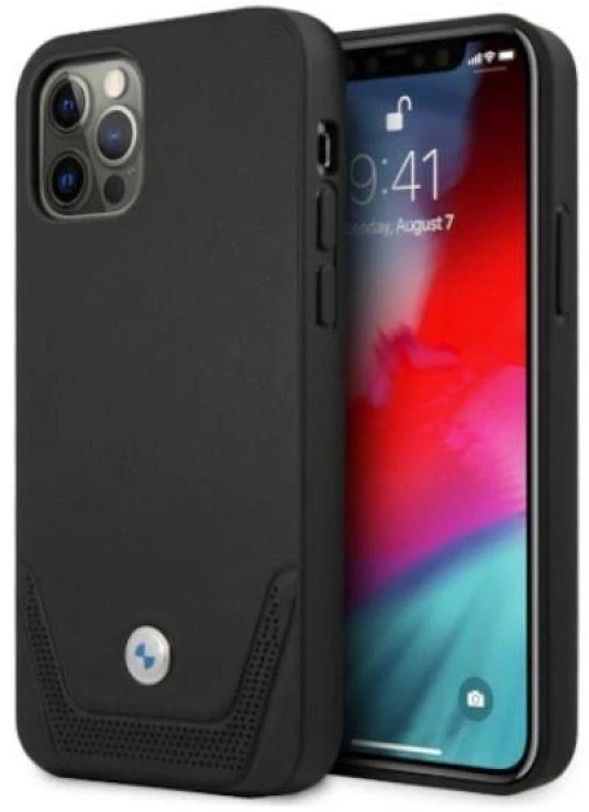 BMW BMHCP12LRSWPK Apple iPhone 12 Pro Max 6,7″ juodos spalvos kietas dėklas Leather Perforate