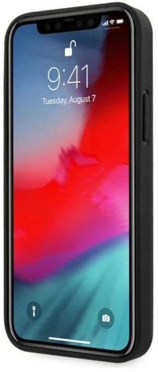 BMW BMHCP12LRSCSK Apple iPhone 12 Pro Max 6,7″ juodos spalvos kietas dėklas Leather Perforate Sides