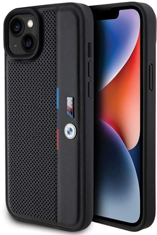 Dėklas BMW BMHCP15M23 PUPVK Apple iPhone 15 Plus 14 Plus 6.7″ juodos spalvos kietas dėklas Perforated Tricolor Line