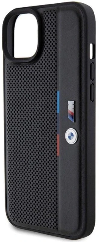 Dėklas BMW BMHCP15M23 PUPVK Apple iPhone 15 Plus 14 Plus 6.7″ juodos spalvos kietas dėklas Perforated Tricolor Line