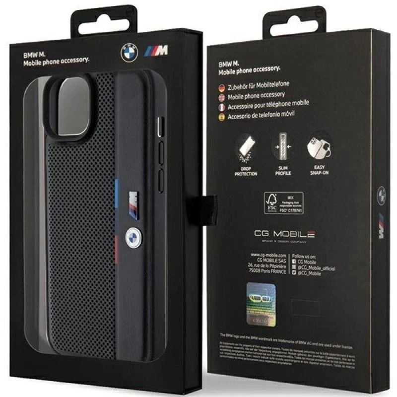 Dėklas BMW BMHCP15M23 PUPVK Apple iPhone 15 Plus 14 Plus 6.7″ juodos spalvos kietas dėklas Perforated Tricolor Line