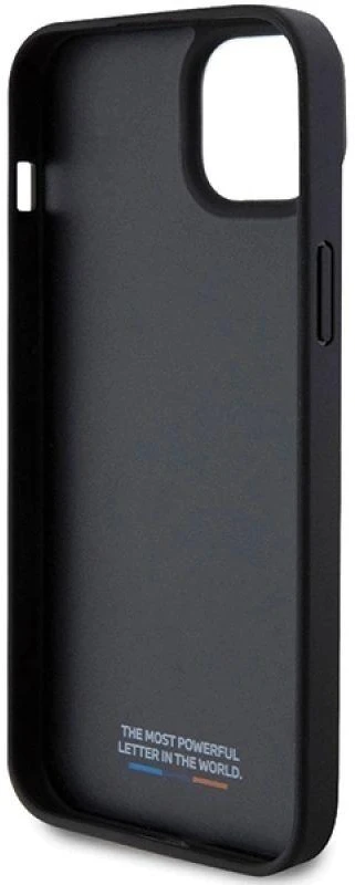 Dėklas BMW BMHCP15M23 PUPVK Apple iPhone 15 Plus 14 Plus 6.7″ juodos spalvos kietas dėklas Perforated Tricolor Line