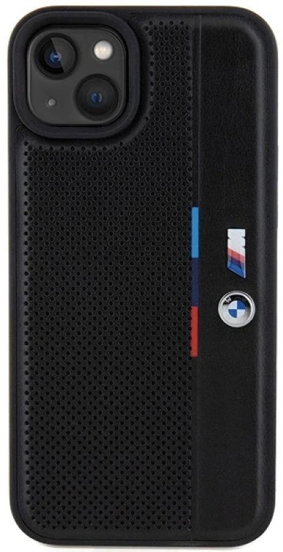 Dėklas BMW BMHCP15M23 PUPVK Apple iPhone 15 Plus 14 Plus 6.7″ juodos spalvos kietas dėklas Perforated Tricolor Line